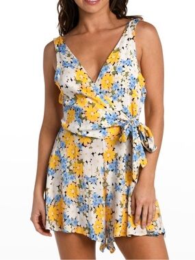 Sleeveless Floral Wrap Romper in Cream, Yellow & Blue